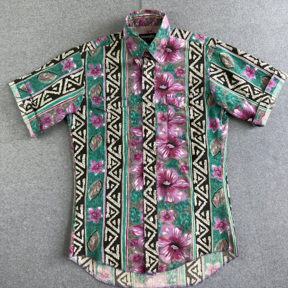 VNTG Wrangler Cowboy‑Cut Floral Aztec Pearl‑Snap Western Shirt Size 15 – Retro